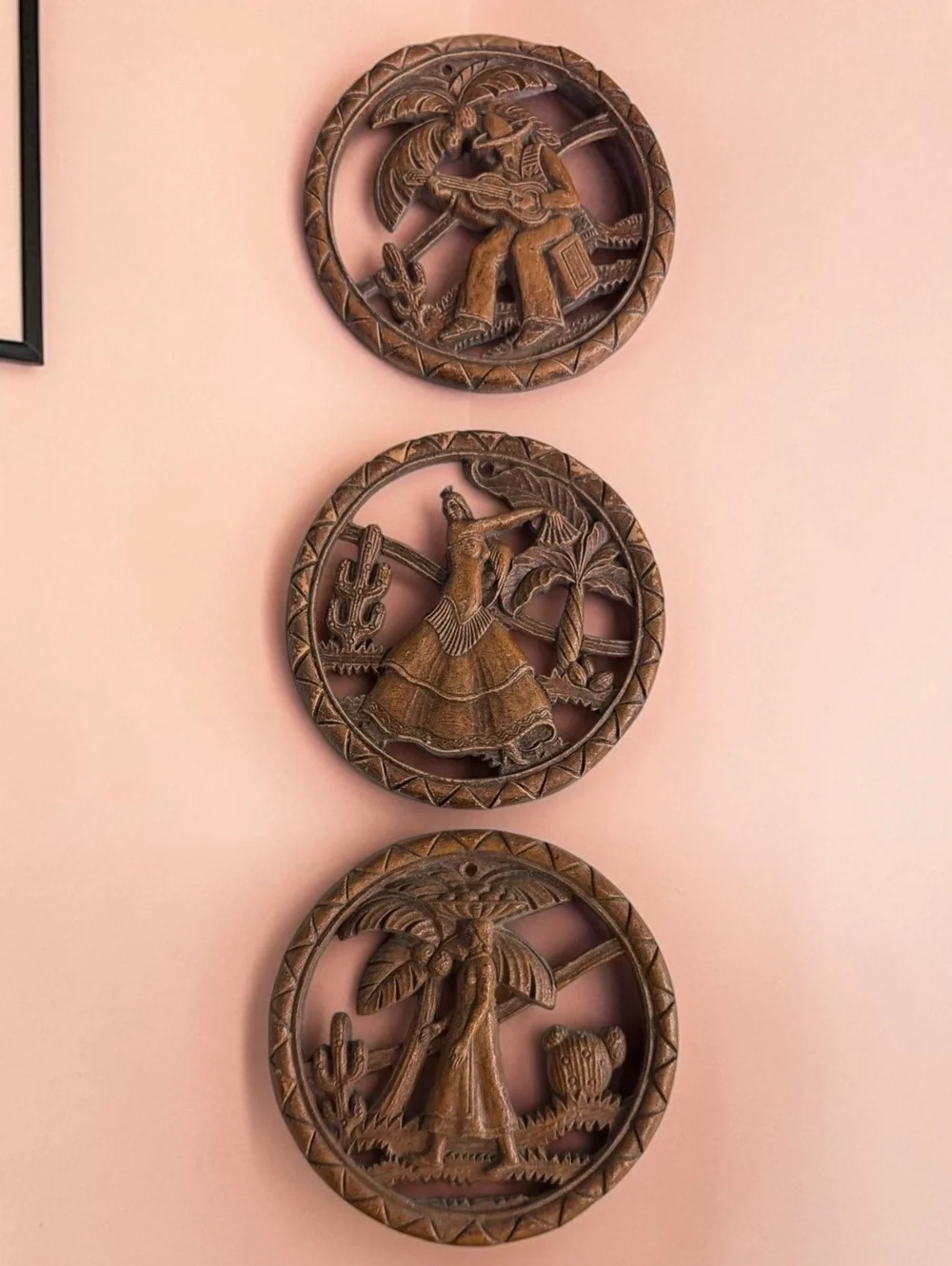 Vintage Hand-Carved Wooden Wall Plaques Set of 3 with Mexican Folk Dance
